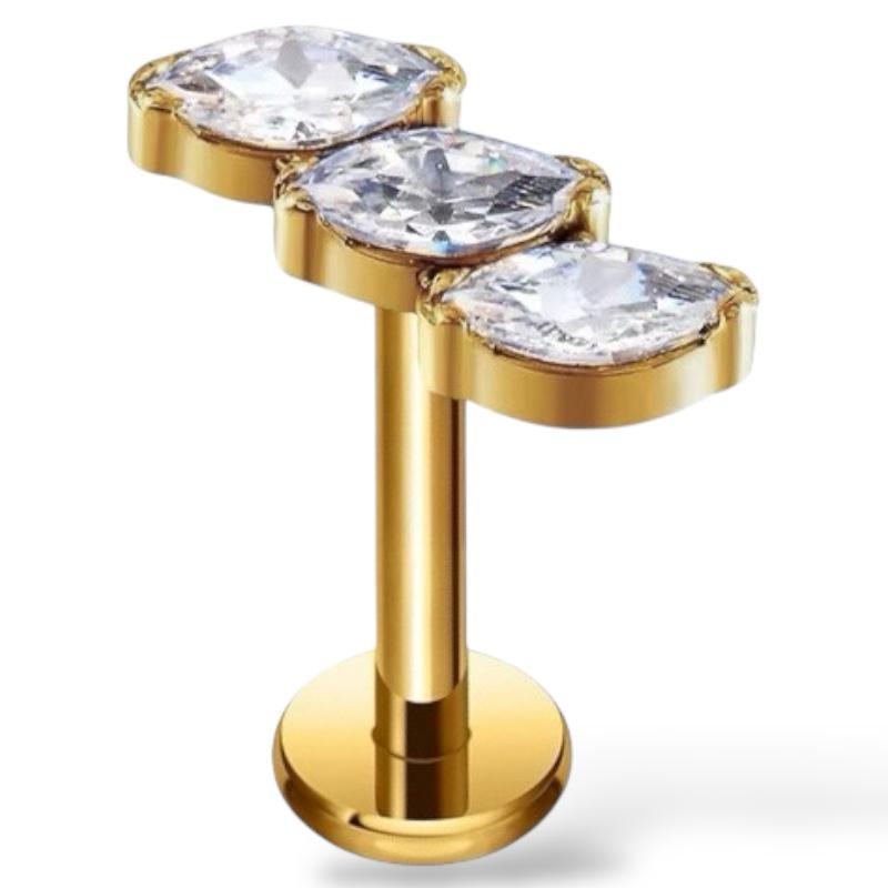 Tytanowy złoty Labret z trzema cyrkoniami w kształcie łezki