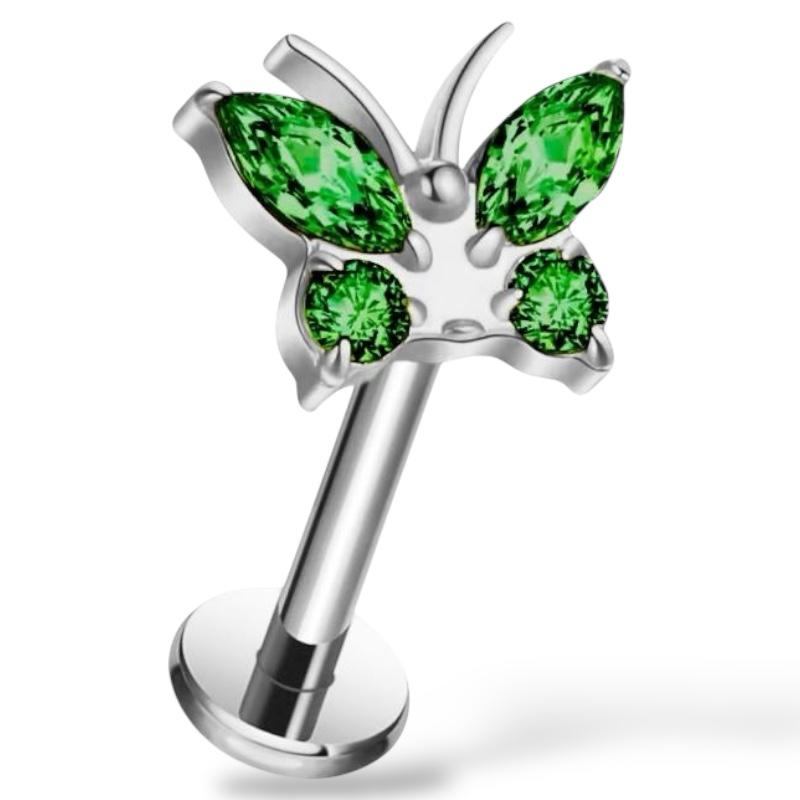 Tytanowy srebrny labret z motylkiem białe cyrkonie
