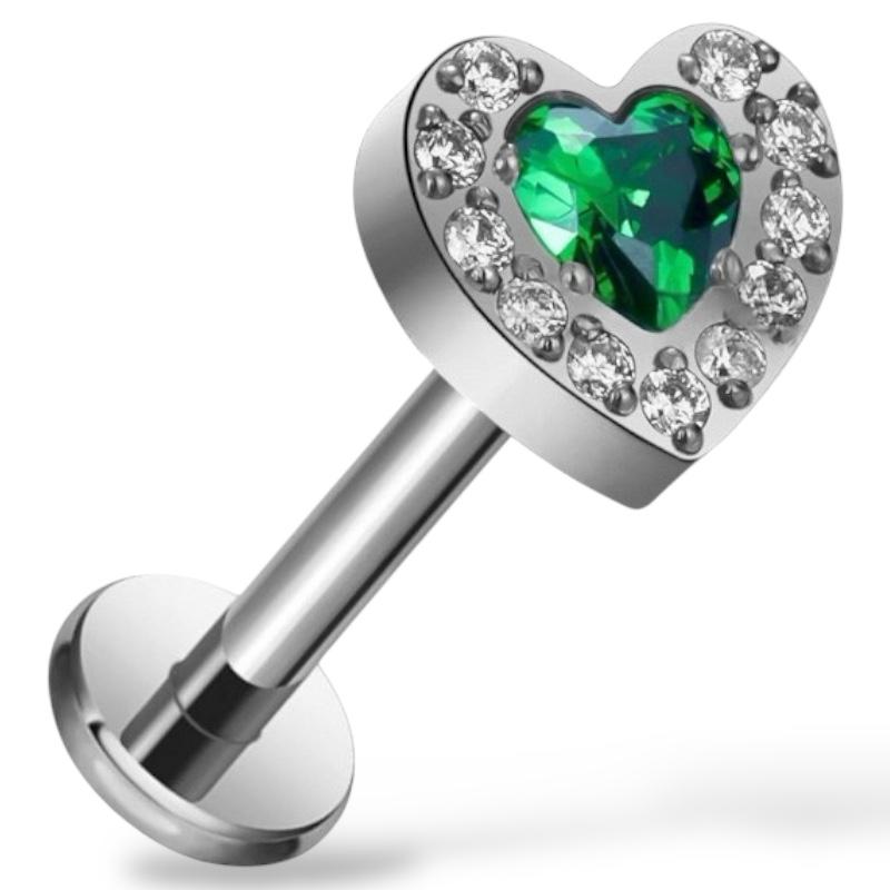 Tytanowy srebrny labret w kształcie serca i cyrkoniami