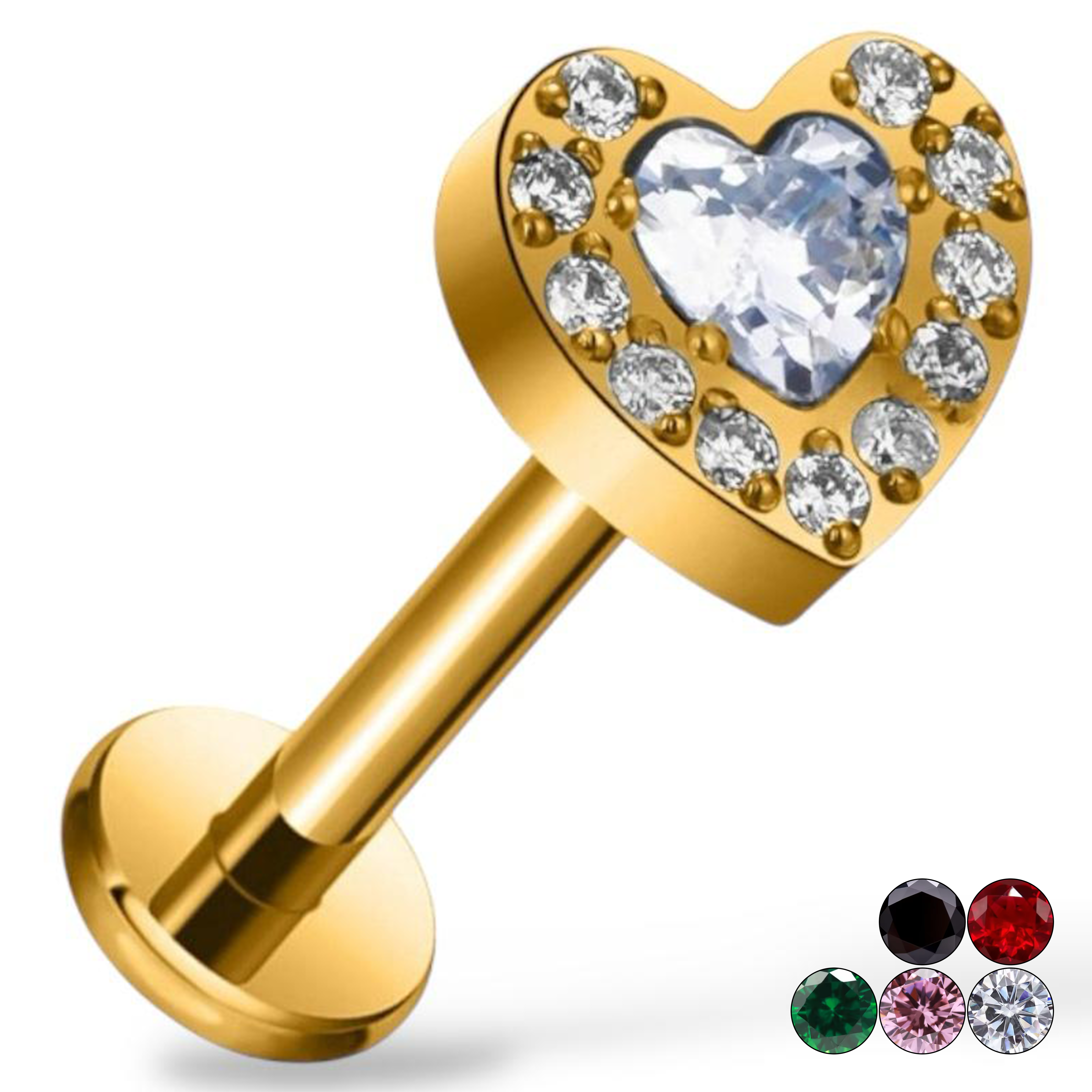 Tytanowy złoty labret w kształcie serca i cyrkoniami
