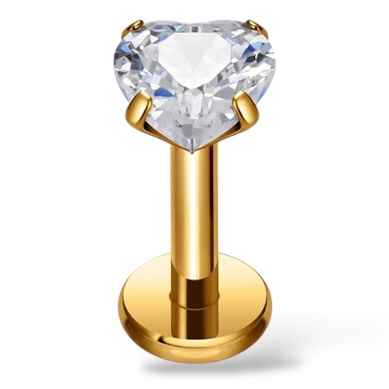 Tytanowy złoty labret z cyrkonią  w kształcie serca