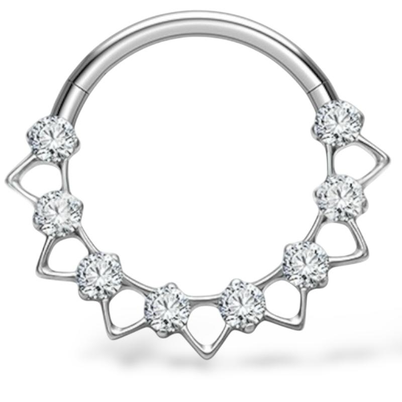 Tytanowy clicker z cyrkoniami w geometrycznym splocie