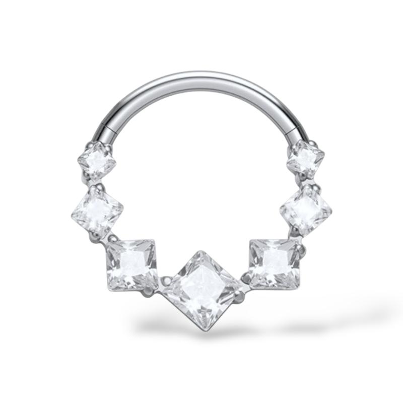 Tytanowy kolczyk srebrny clicker z kwadratowymi cyrkoniami